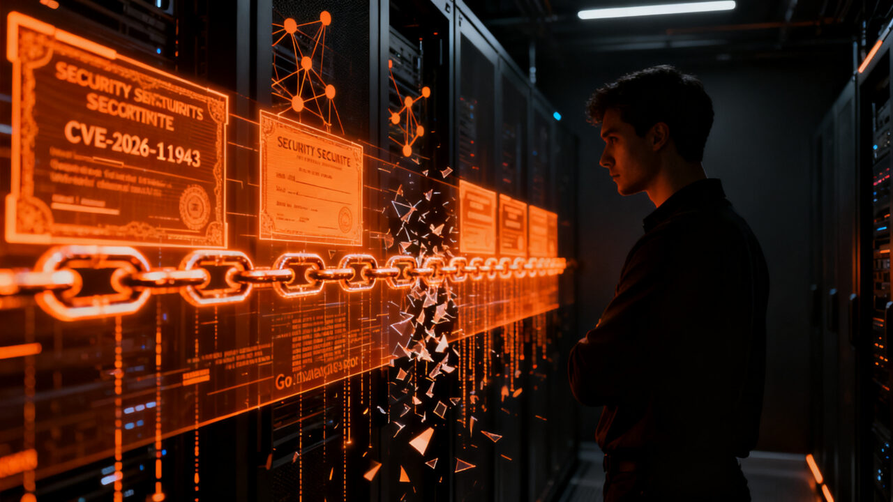 Ingeniero de seguridad analizando una red de certificados TLS fallidos, representando la actualización crítica de Go y la vulnerabilidad CVE-2026-111943.