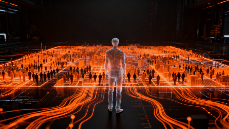 Simulación social con IA para la gestión pública, representando ciudadanos virtuales y toma de decisiones gubernamentales.