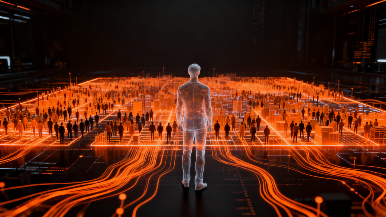 Simulación social con IA para la gestión pública, representando ciudadanos virtuales y toma de decisiones gubernamentales.