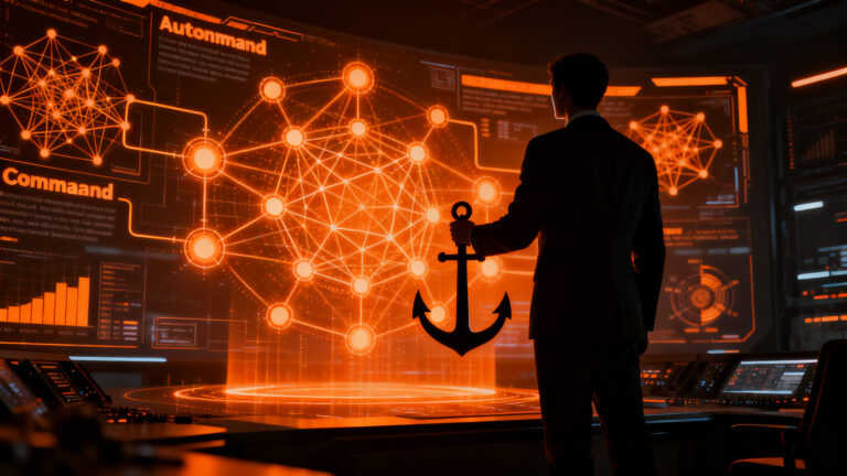Líder empresarial supervisando una red de inteligencia artificial autónoma, concepto de human-in-command y gobernanza de IA según el AI Act.