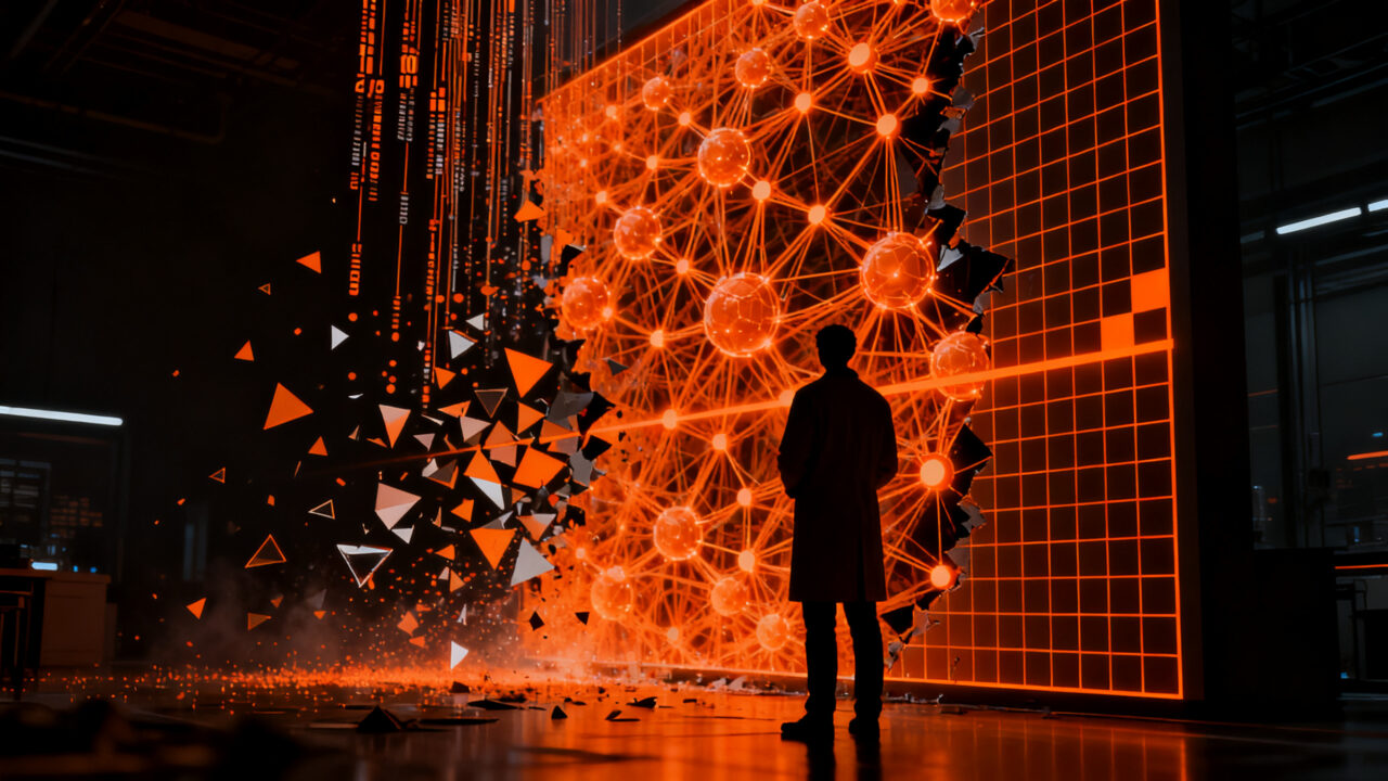 Investigador analizando redes neuronales de IA, representando la transparencia y gobernanza de agentes autónomos.