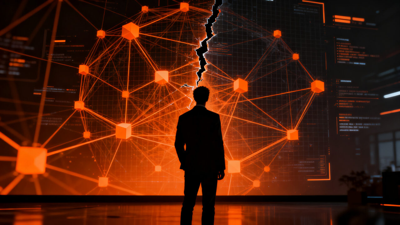 Representación visual de riesgos en gobernanza de IA en empresas, mostrando una figura humana analizando redes complejas y datos bajo una luz de alerta naranja.