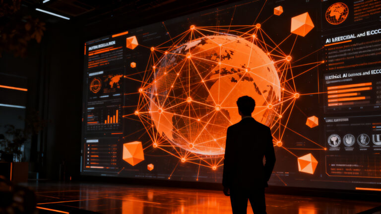 Líder de startup navegando un complejo entramado de gobernanza y regulación de inteligencia artificial, representado con una estética futurista naranja y negra.