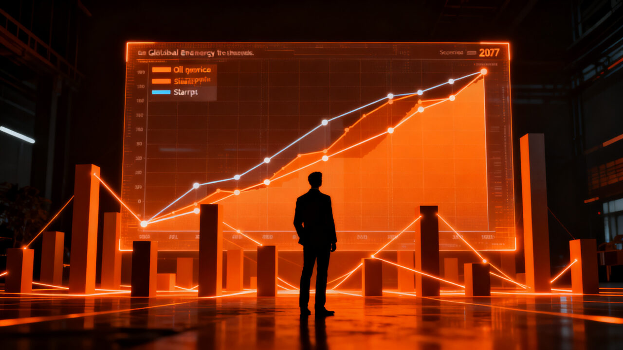 Analista financiero visualizando tres escenarios de precios del crudo Brent para 2027 en un entorno de mercado energético complejo.