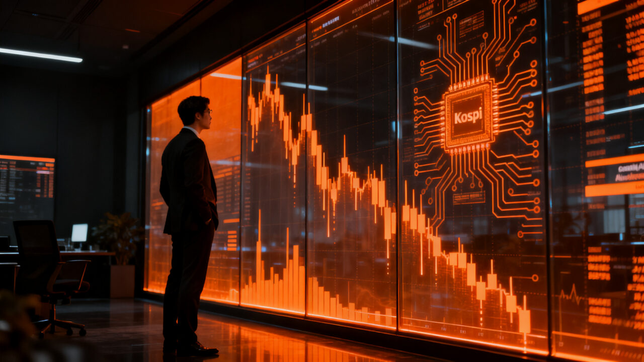 Analista financiero observando gráficos de mercado bursátil y semiconductores en un entorno de incertidumbre tecnológica.