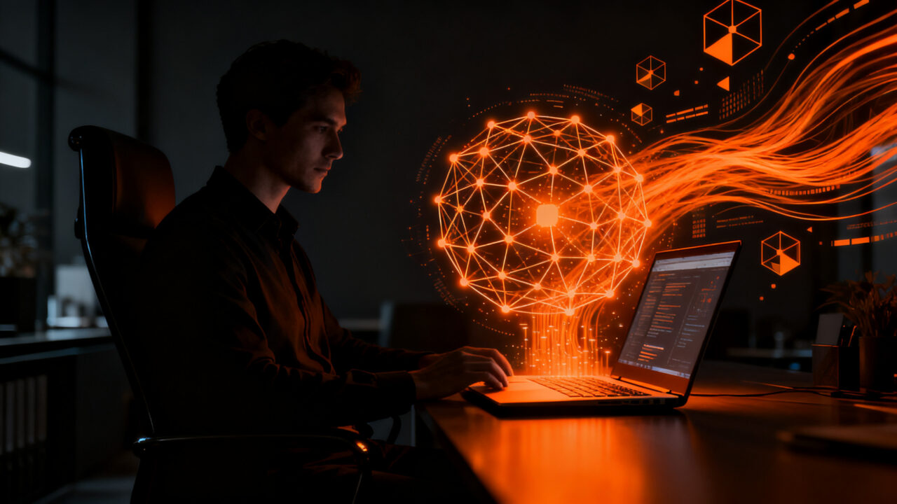 Concepto de IA local en Mac: persona trabajando en un entorno privado y seguro con tecnología Google AI Edge Foresight.