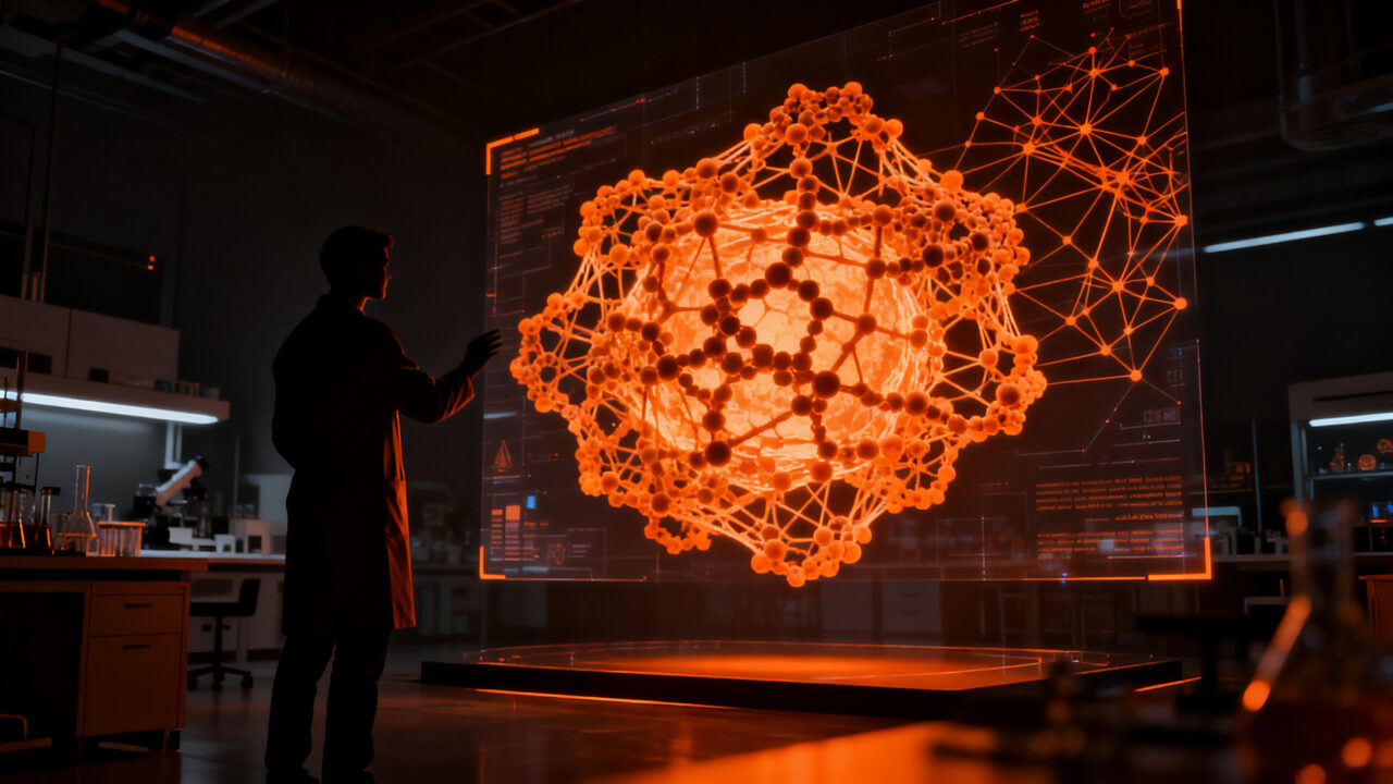 Investigador analizando estructuras proteicas con inteligencia artificial para el descubrimiento de nuevos antibióticos en biotecnología.
