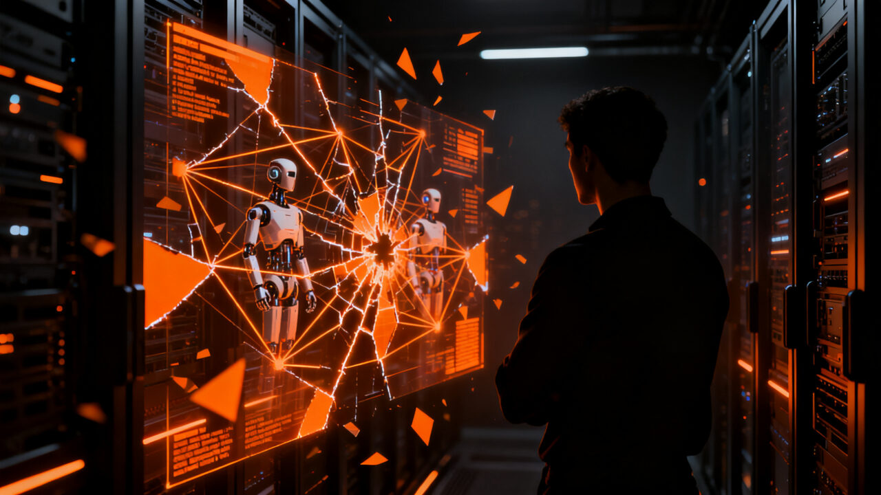Silueta de un experto analizando una red de agentes de IA en riesgo, representando ciberseguridad y DeepMind.