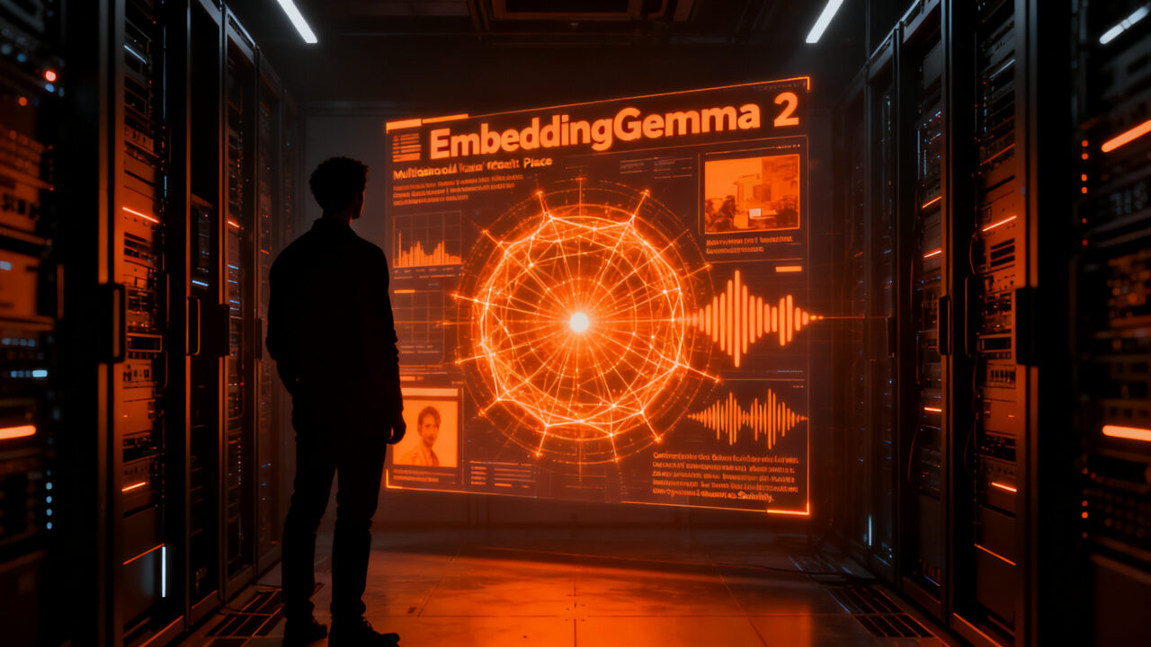 Modelo de IA multimodal EmbeddingGemma 2 de Google DeepMind procesando datos en un entorno on-device.