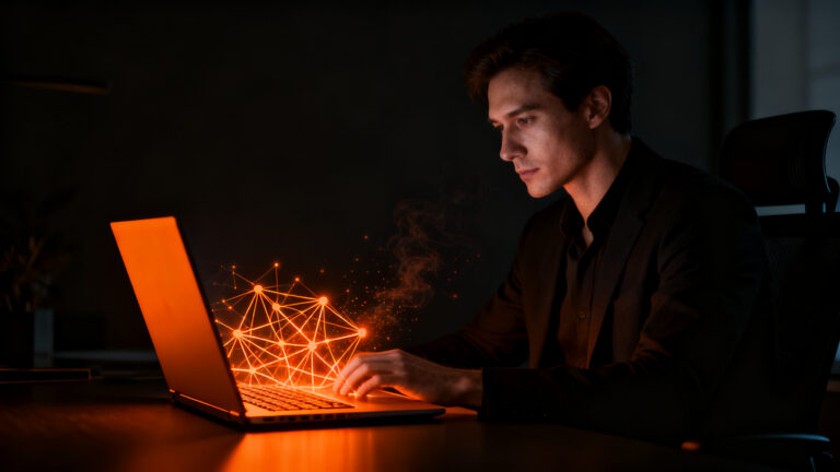 Usuario utilizando Google AI Edge Foresight en un Mac para transcripción offline de reuniones con IA on-device.