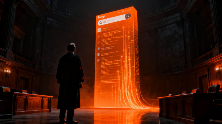Un juez frente a un complejo entramado digital de datos y buscadores, representando la disputa legal entre Google y los grandes editores por la inteligencia artificial.