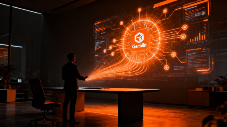 Agente de IA universal Gemini integrado en el entorno de trabajo corporativo, simbolizando la automatización y el futuro de la productividad empresarial.