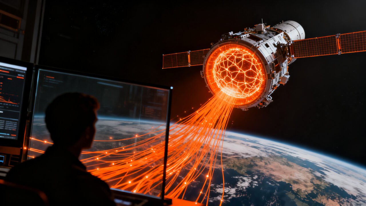 Representación conceptual de un satélite en órbita ejecutando computación espacial e inteligencia artificial de Google.