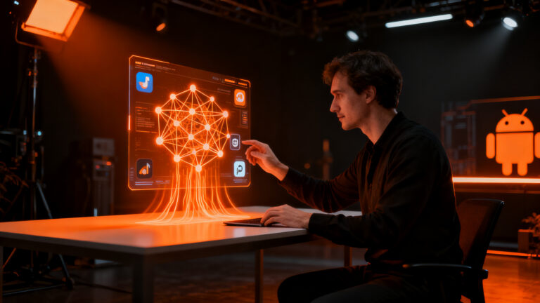 Desarrollador creando aplicaciones con inteligencia artificial en Google Play sin registro previo, representando la nueva era de desarrollo ágil.