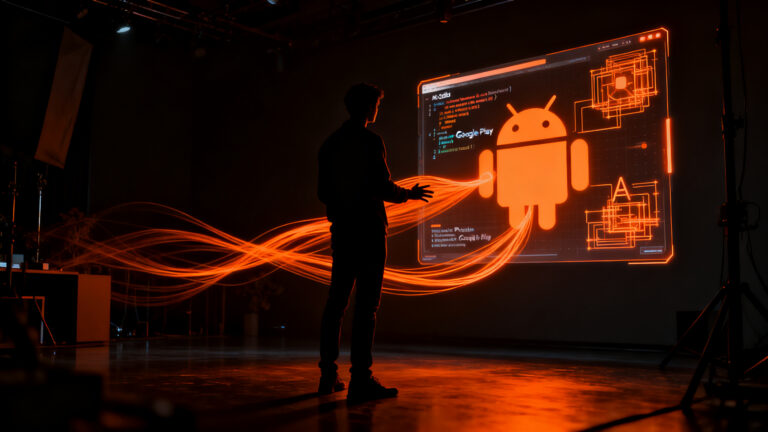 Desarrollador probando apps vibe-coded de IA en Google Play, representando la nueva facilidad de creación de aplicaciones Android.