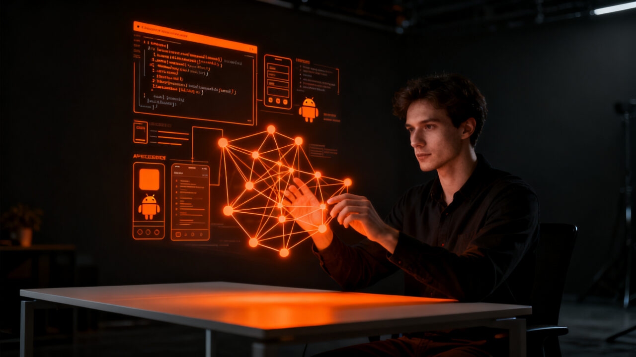 Desarrollador creando aplicaciones Android mediante Google AI Studio y el concepto de vibe coding para el ecosistema startup.