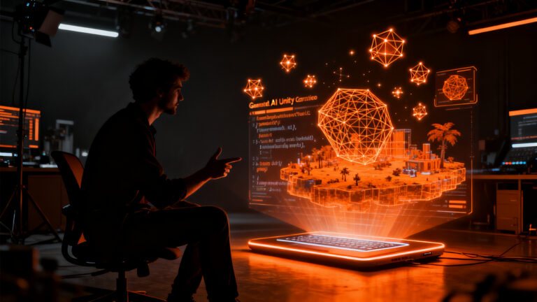 Desarrollador creando mundos digitales mediante IA generativa en la plataforma Google Playground y Unity.
