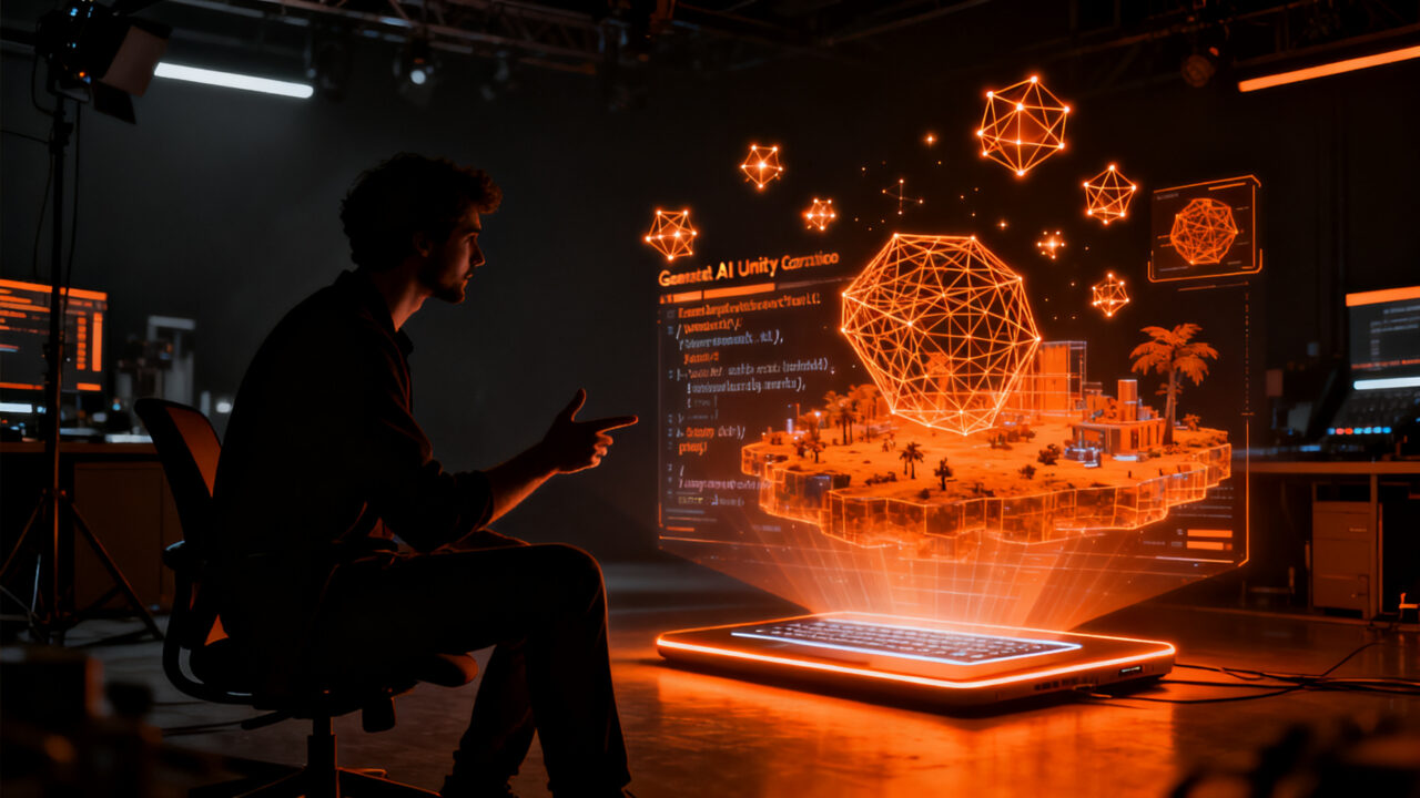 Desarrollador creando mundos digitales mediante IA generativa en la plataforma Google Playground y Unity.