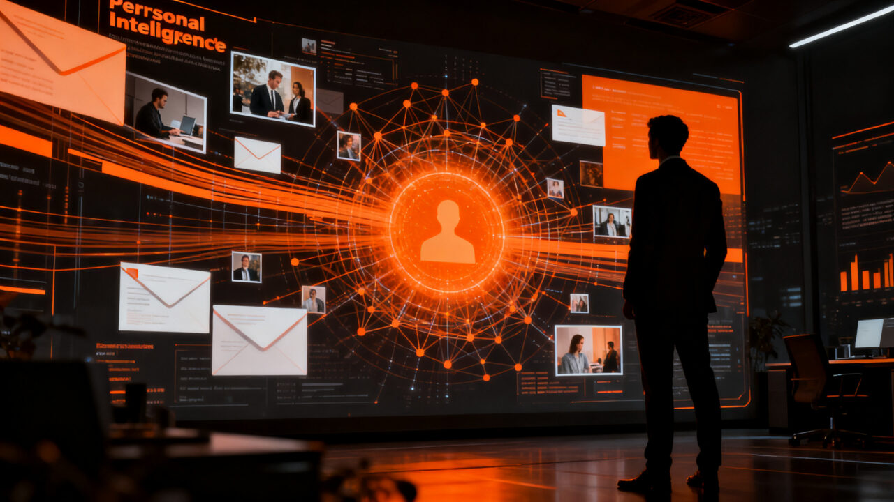 Representación visual de la privacidad de datos de Google, mostrando una silueta humana ante una interfaz de IA que analiza información personal.