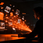 Persona revisando configuraciones de privacidad digital en un entorno tecnológico oscuro y naranja, representando la seguridad de datos frente a la inteligencia artificial de Google.