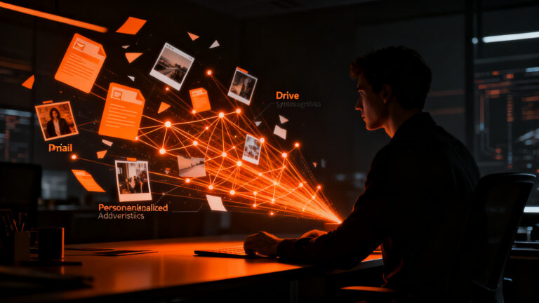 Persona revisando configuraciones de privacidad digital en un entorno tecnológico oscuro y naranja, representando la seguridad de datos frente a la inteligencia artificial de Google.