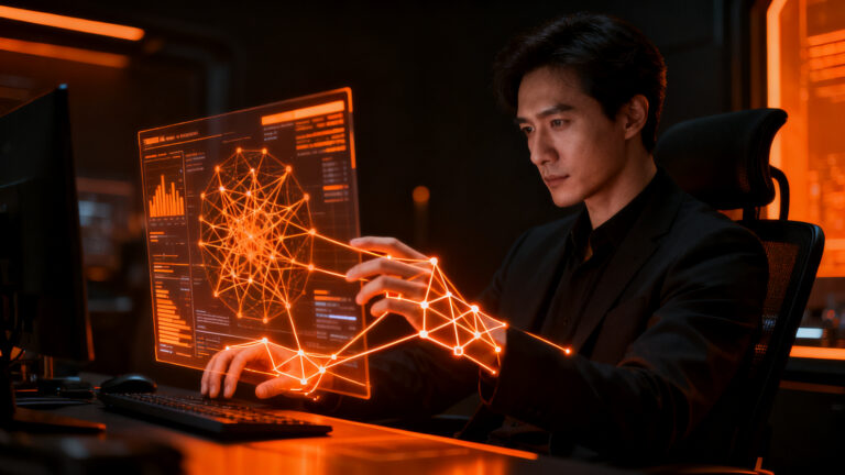 Un desarrollador utilizando tecnología de IA avanzada para automatización y razonamiento visual en su startup.