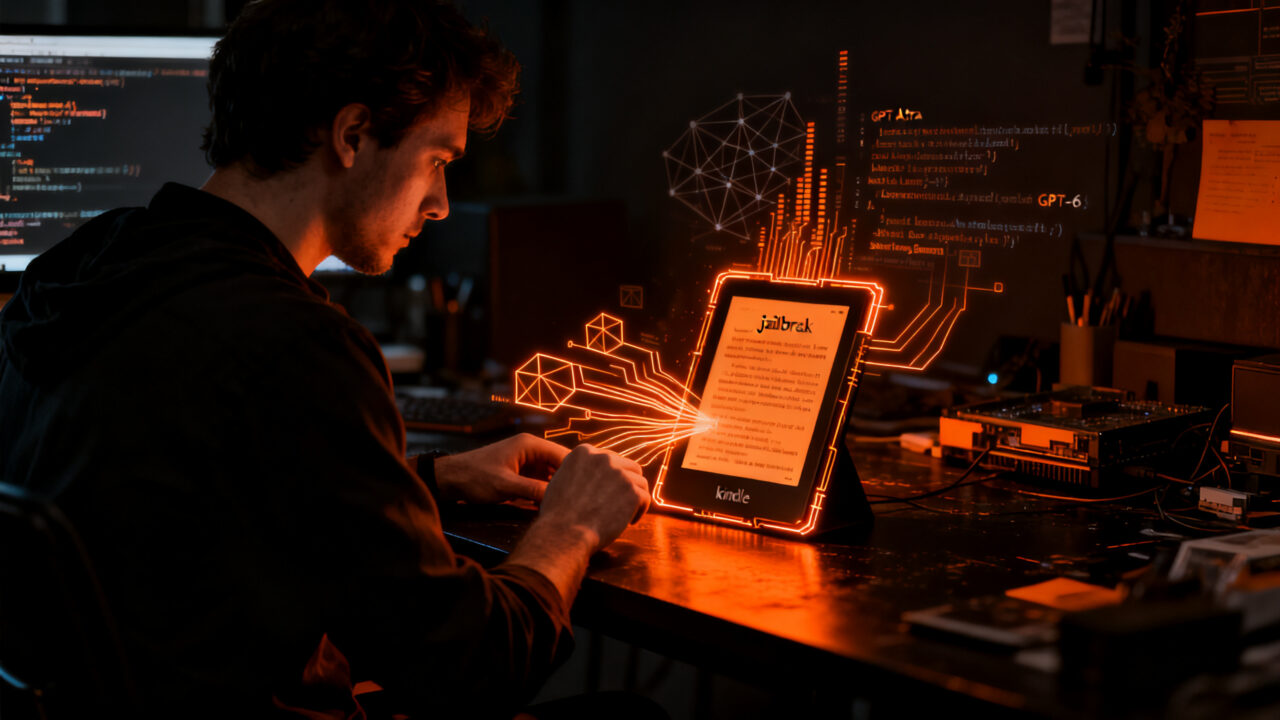 Desarrollador utilizando GPT-6 Astra para hackear un Kindle y transformarlo en un marco digital, representando automatización e IA.
