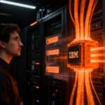 Un profesional analizando redes neuronales complejas y nodos de decisión de IA, representando la eficiencia de Granite Switch 4.1.