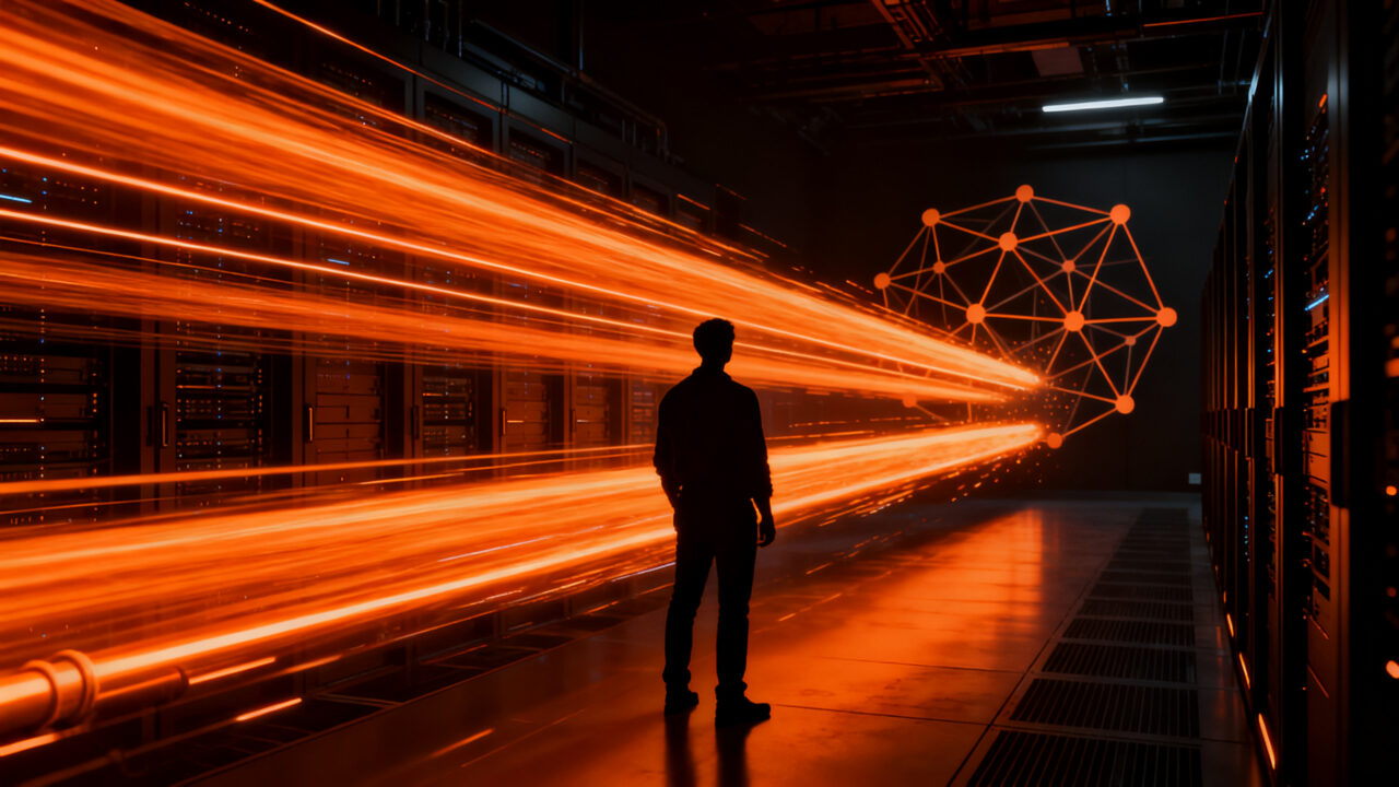 Ingeniero analizando flujos masivos de datos científicos con GridFTP, representando la transferencia de petabytes de alta velocidad en redes WAN.