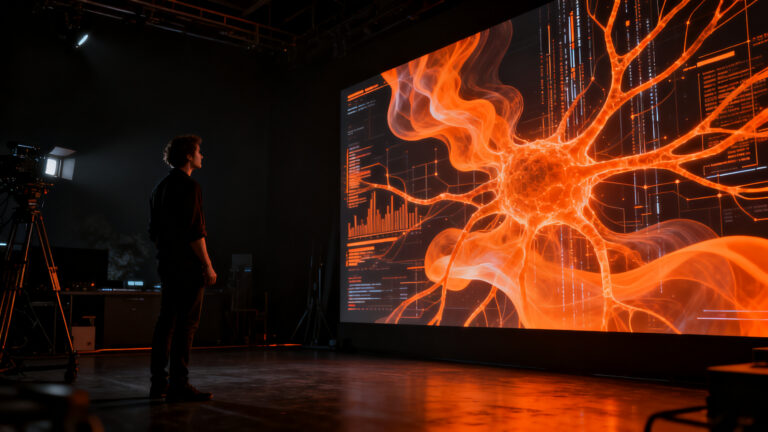 Cine generado con IA: Un director de cine futurista supervisando una producción audiovisual con Grok y tecnología xAI.
