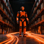 Robots humanoides Digit en almacenes logísticos, representando la automatización avanzada y la innovación en el sector industrial.