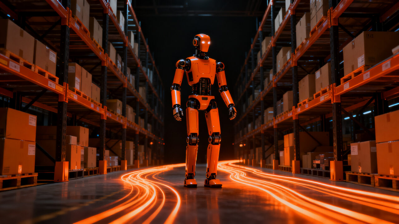 Robots humanoides Digit en almacenes logísticos, representando la automatización avanzada y la innovación en el sector industrial.