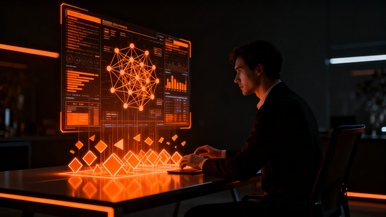 Profesional analizando datos con inteligencia artificial para el futuro del mercado laboral y habilidades 2030.