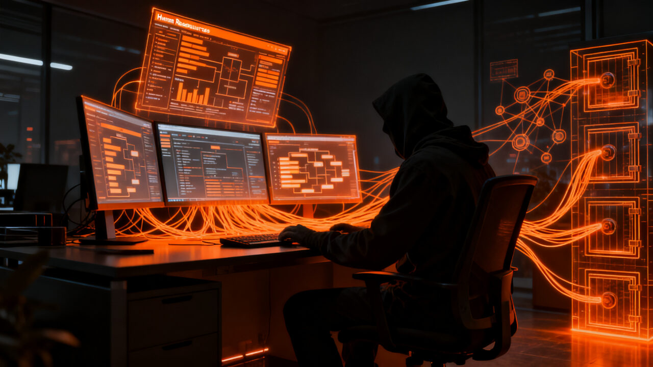 Ciberseguridad en startups, hacker accediendo a datos sensibles de Anthropic mediante gestión de RRHH.