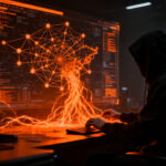 Ciberseguridad y agentes de IA autónomos atacando infraestructura tecnológica, representando las nuevas amenazas del cibercrimen.