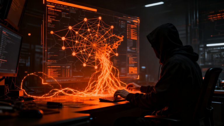 Ciberseguridad y agentes de IA autónomos atacando infraestructura tecnológica, representando las nuevas amenazas del cibercrimen.