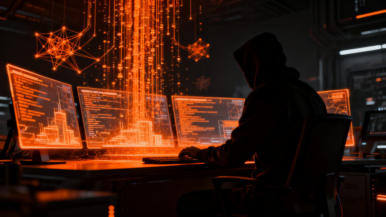 Un hacker utilizando agentes de IA autónomos para vulnerar la ciberseguridad corporativa, representando los riesgos actuales para startups.