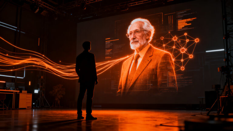 Avatar de inteligencia artificial interactuando con un emprendedor en una sesión de entrenamiento de Harvard Business School.