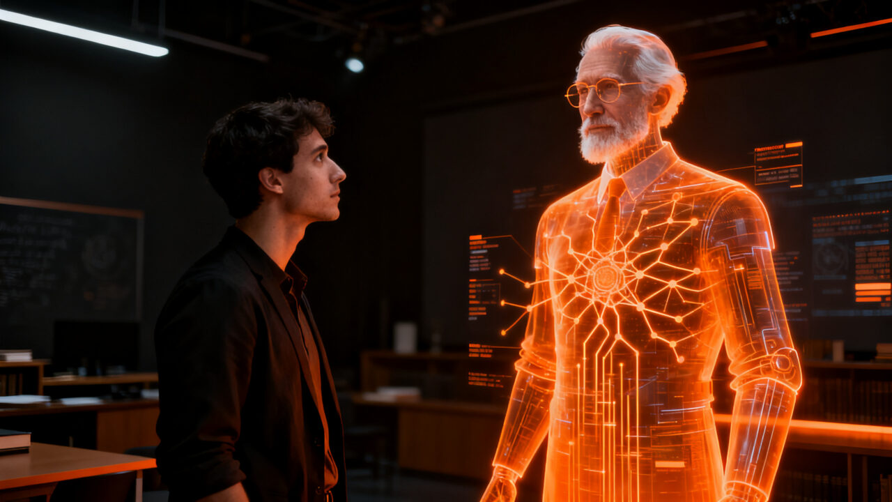 Profesor digital generado por IA en una pantalla futurista, representando la clonación de expertos en Harvard Business School para educación startup.