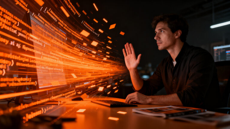 Programador revisando código generado por IA, ilustrando el cuello de botella en la productividad del software.