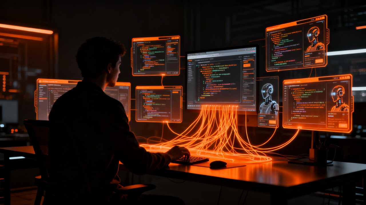 Desarrollador trabajando con agentes de código en una interfaz futurista de productividad y automatización.