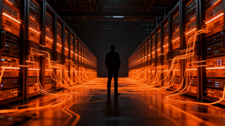 Infraestructura cloud de alta escala con servidores y red interconectada, representando la migración de AWS a soluciones como Hetzner.