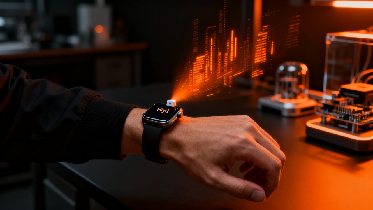 Sensor biométrico Hiyd adherido a un reloj inteligente, representando la innovación en wearables y salud digital.