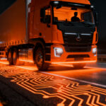Carga inalámbrica dinámica para camiones eléctricos en autopistas, innovación en logística y movilidad sostenible.
