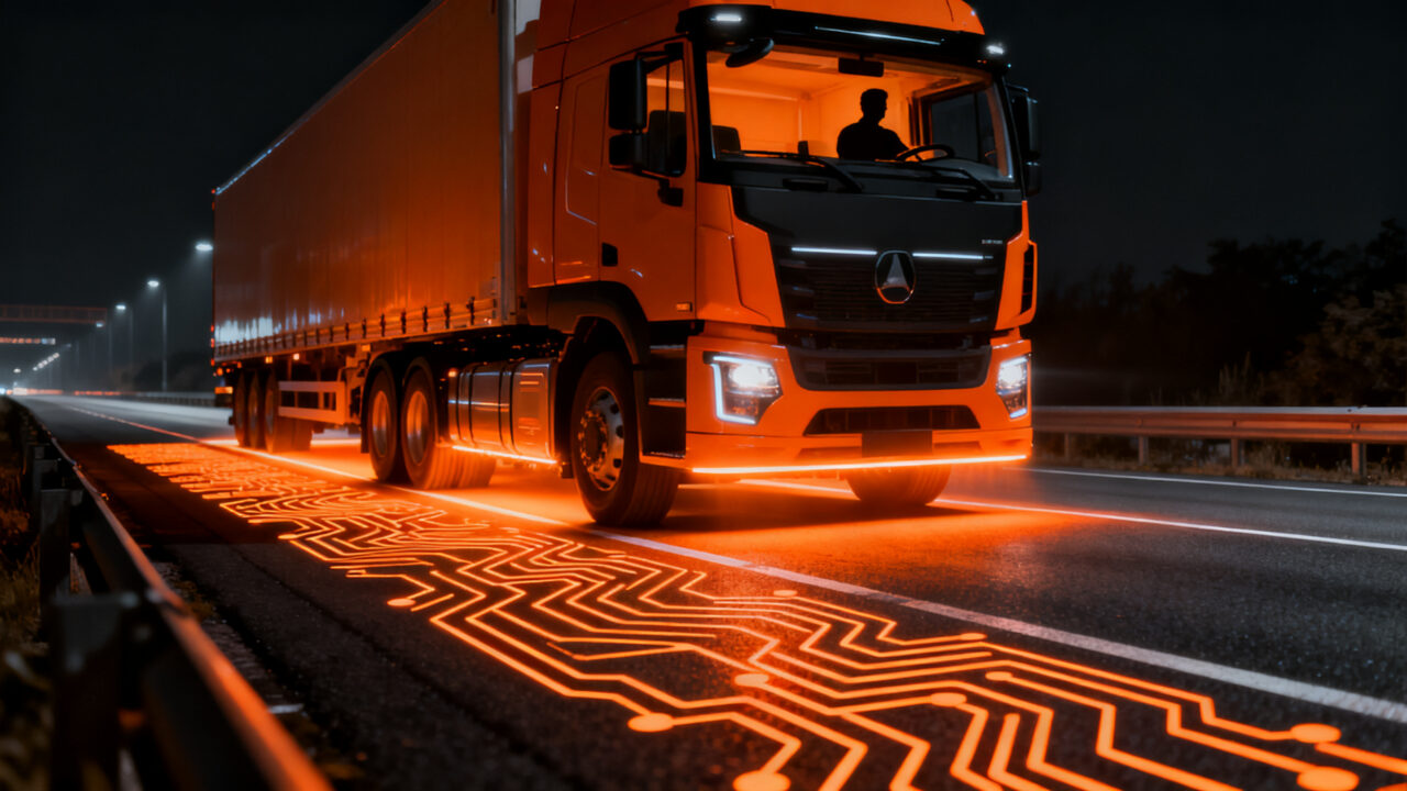 Carga inalámbrica dinámica para camiones eléctricos en autopistas, innovación en logística y movilidad sostenible.