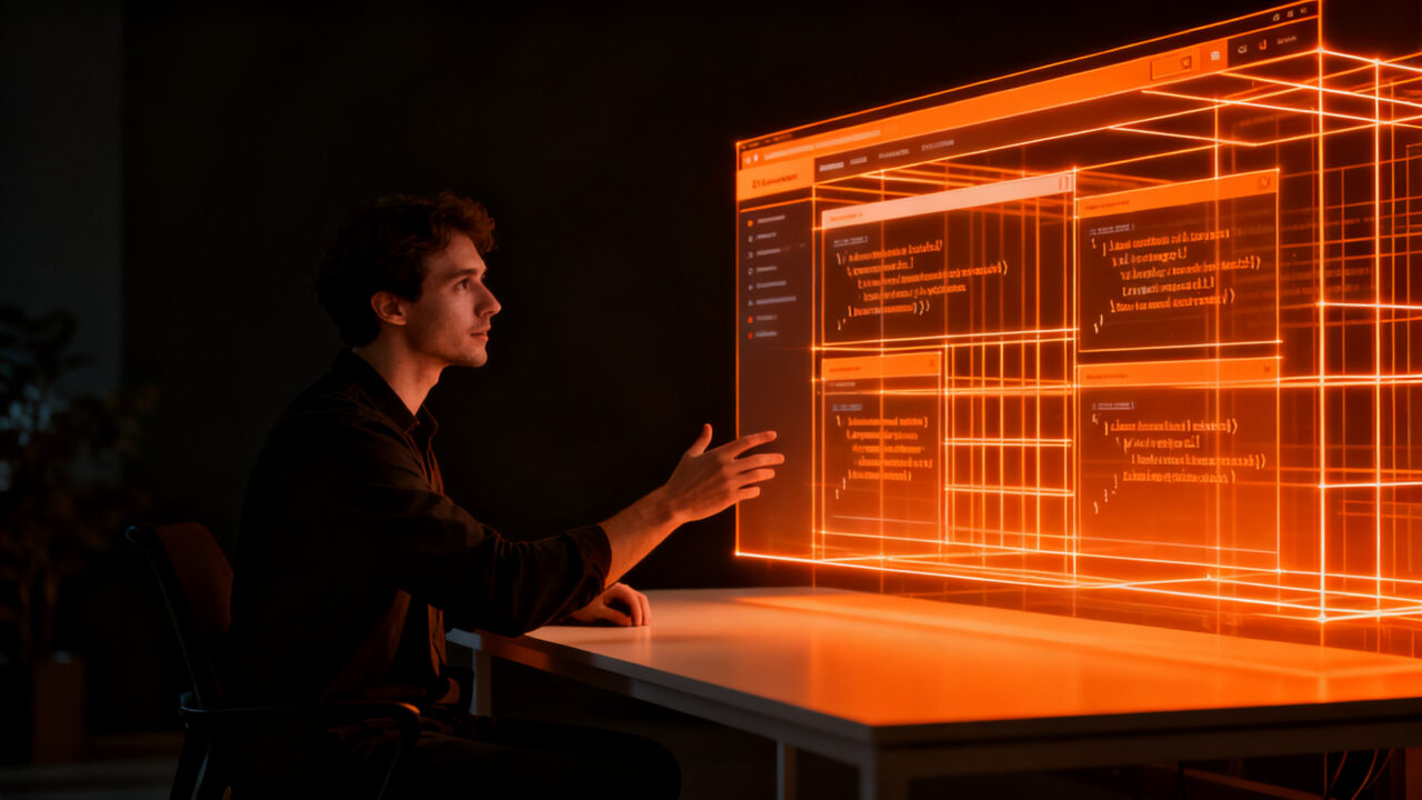 Fundador utilizando Hostinger AI Builder para crear un sitio web profesional mediante inteligencia artificial, concepto de desarrollo no-code eficiente.