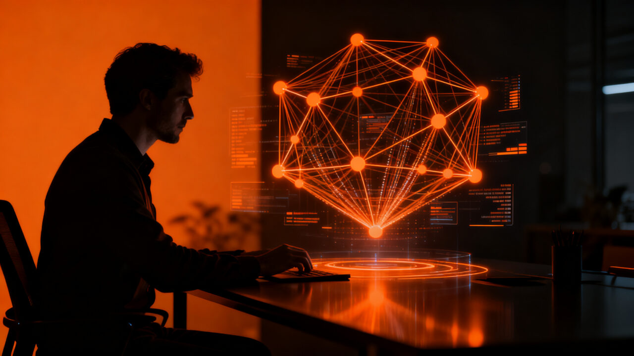 Emprendedor utilizando agentes de IA para el desarrollo web sin código, representando la innovación tecnológica de Hostinger.