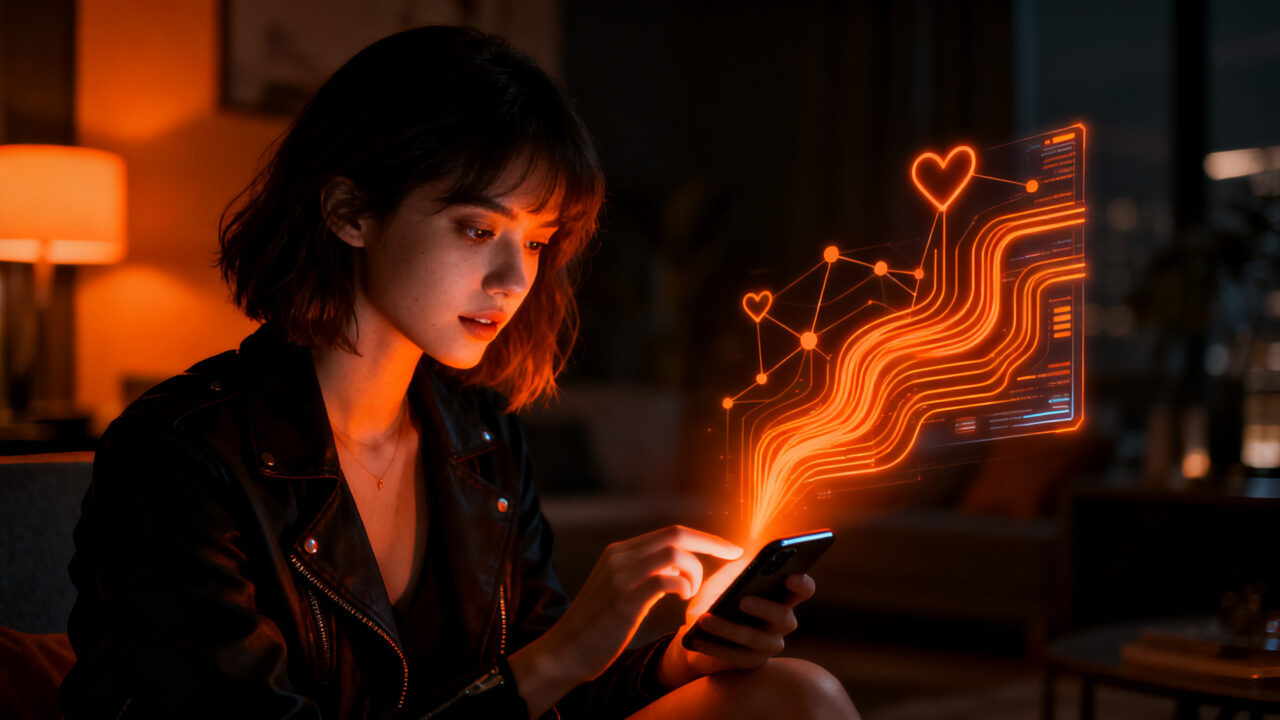 Interfaz de chat con IA para consejos de pareja, representando la startup Hot Girl Hotline y el futuro de las relaciones digitales.