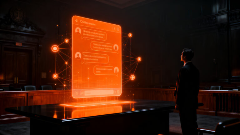 Uso de chats con inteligencia artificial como evidencia legal en juicios, representando la protección de la reputación corporativa de startups.
