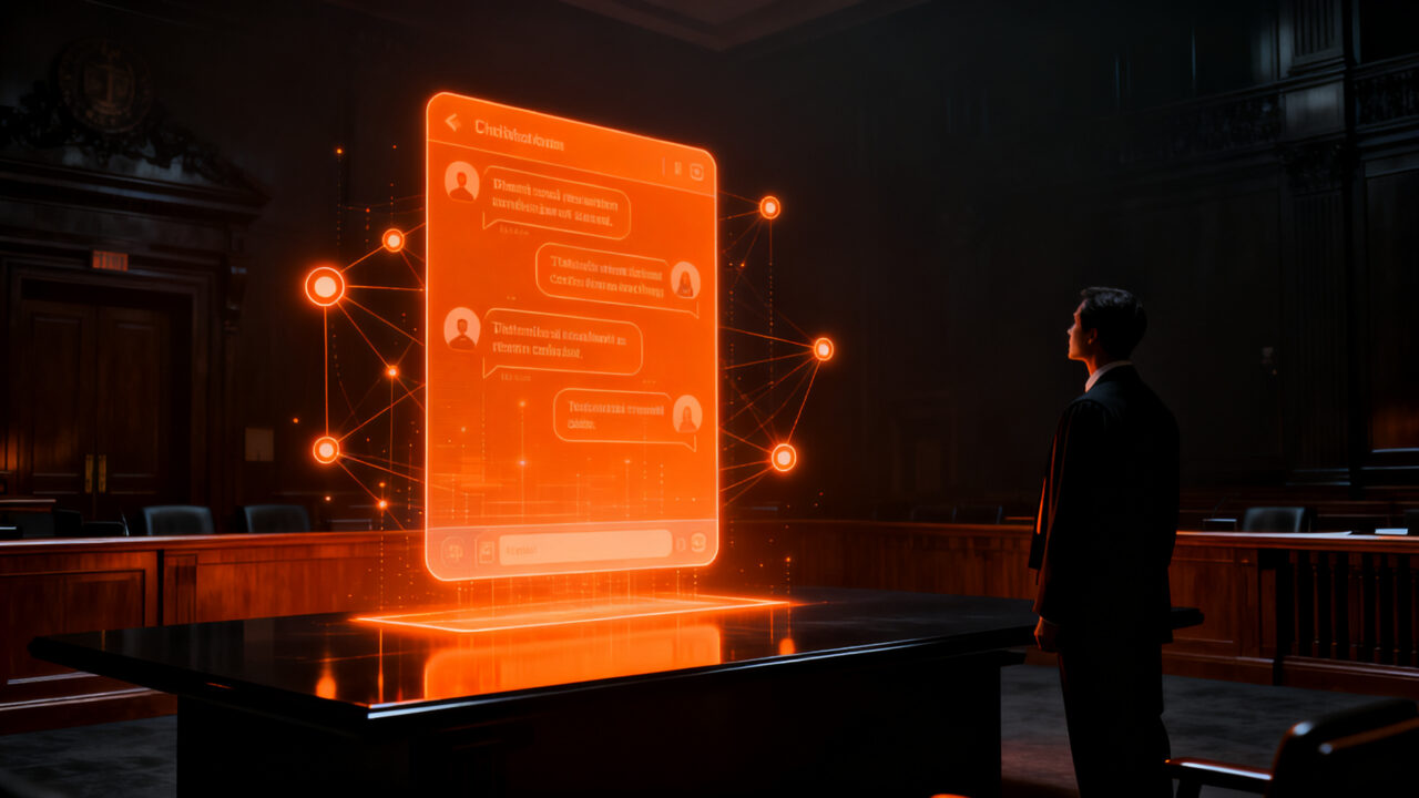 Uso de chats con inteligencia artificial como evidencia legal en juicios, representando la protección de la reputación corporativa de startups.